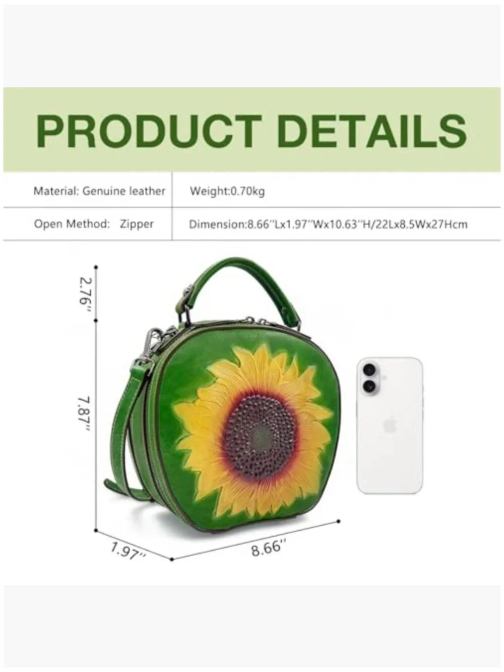 Vintage Genuine Leather Crossbody Bag with Sunflower Embossed Design - Picture 3 of 7